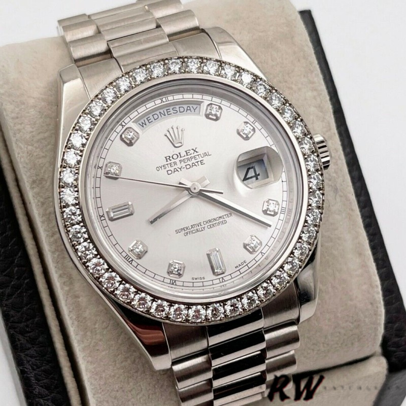 Rolex Day-Date 218349 Silver Diamond Dial 41MM Mens Replica Watch